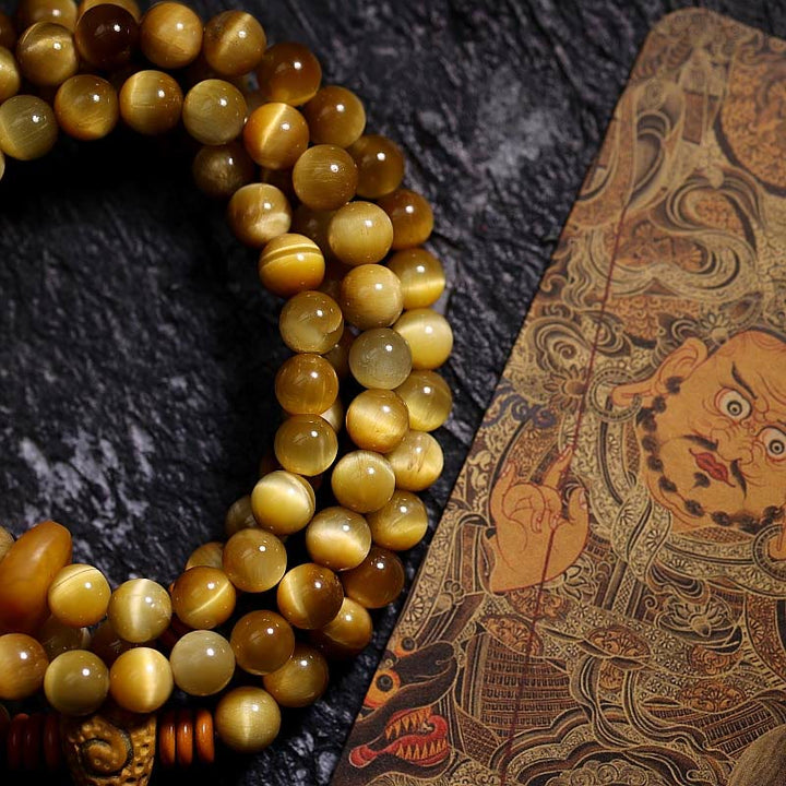 Buddha Stones 108 Mala Beads Natural Tiger Eye Rame Dorje Protezione Nappa Bracciale