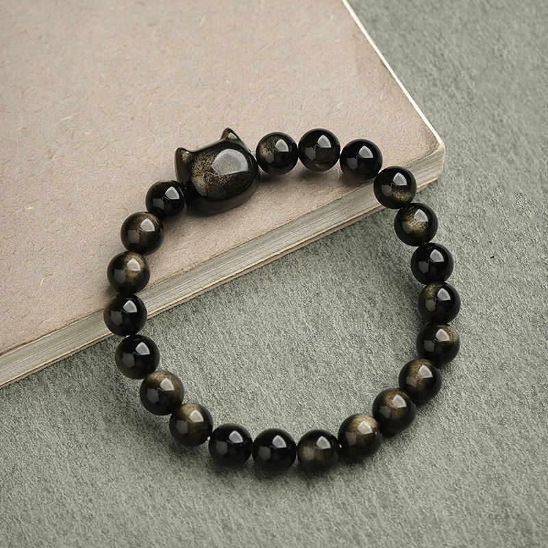 Braccialetto di protezione con gatto portafortuna e zampa adorabile , Buddha Stones, ossidiana lucida d'oro, ossidiana lucida d'argento - image 6