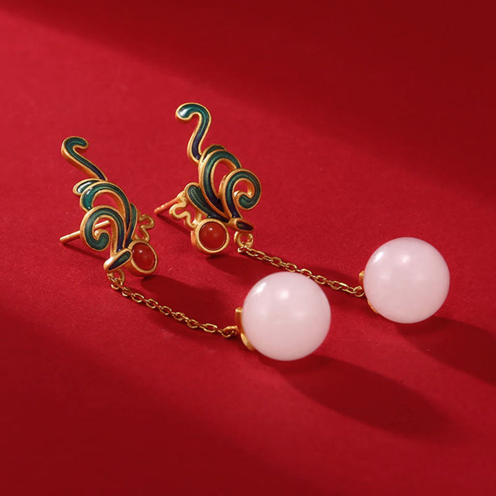 Orecchini pendenti con perline di agata rossa e giada bianca vintage Buddha Stones