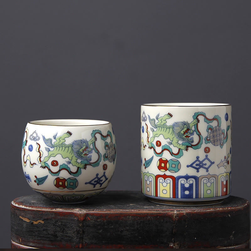 Buddha Stones Vintage Prugna Fiore Pino Bambù Fenice Kirin Leone Danzante Tazza da Tè in Ceramica Tazze da Tè
