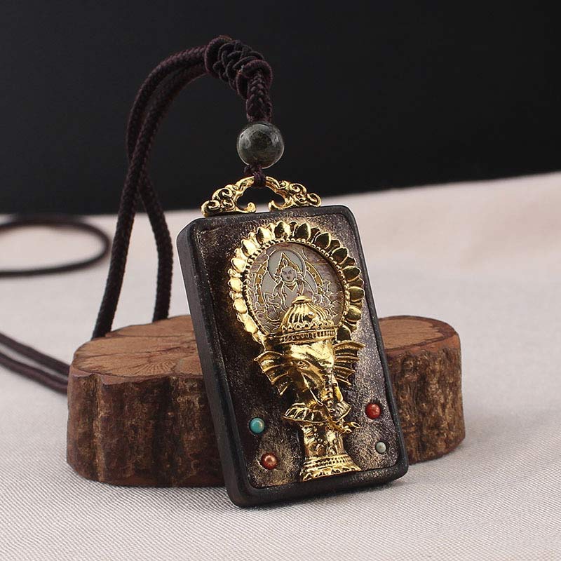 Collana con ciondolo a forma di corda con elefante in legno di ebano e dio della fortuna del Buddha - image 9