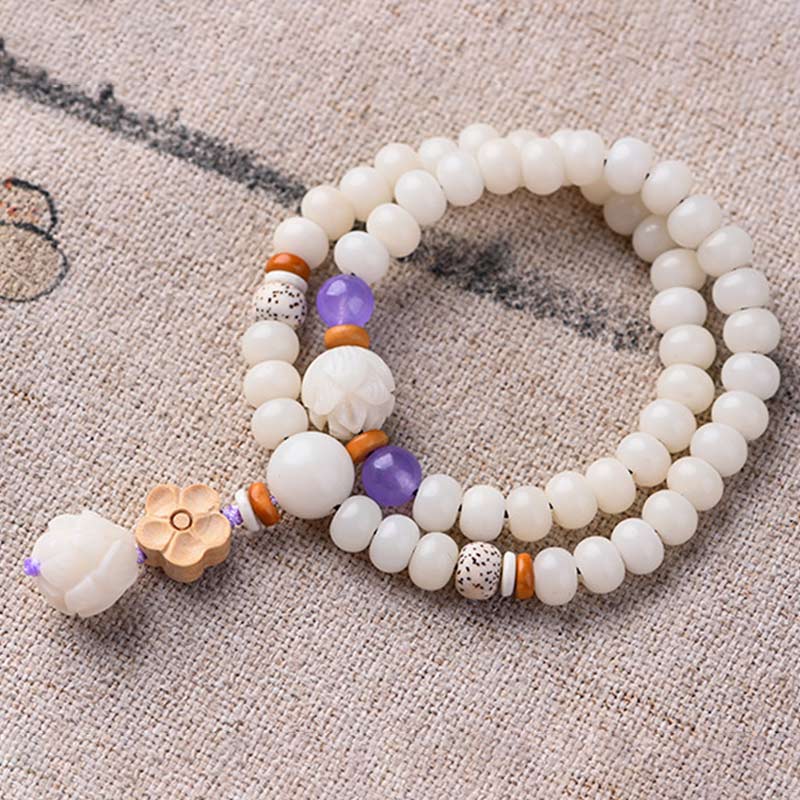 Braccialetto di benedizione del loto Bodhi in giada bianca tibetana Buddha Stones