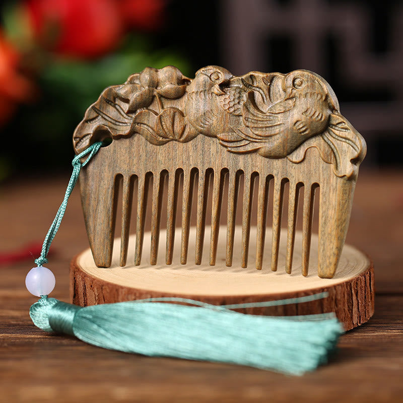 Pettine con nappa di cura inciso a forma di fiore di peonia volpe sandalo verde