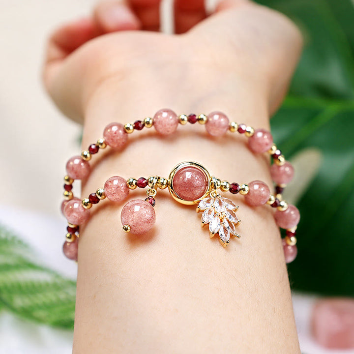 Braccialetto a doppio giro con ciondolo a forma di foglia d'acero con quarzo fragola naturale Buddha Stones Love Healing