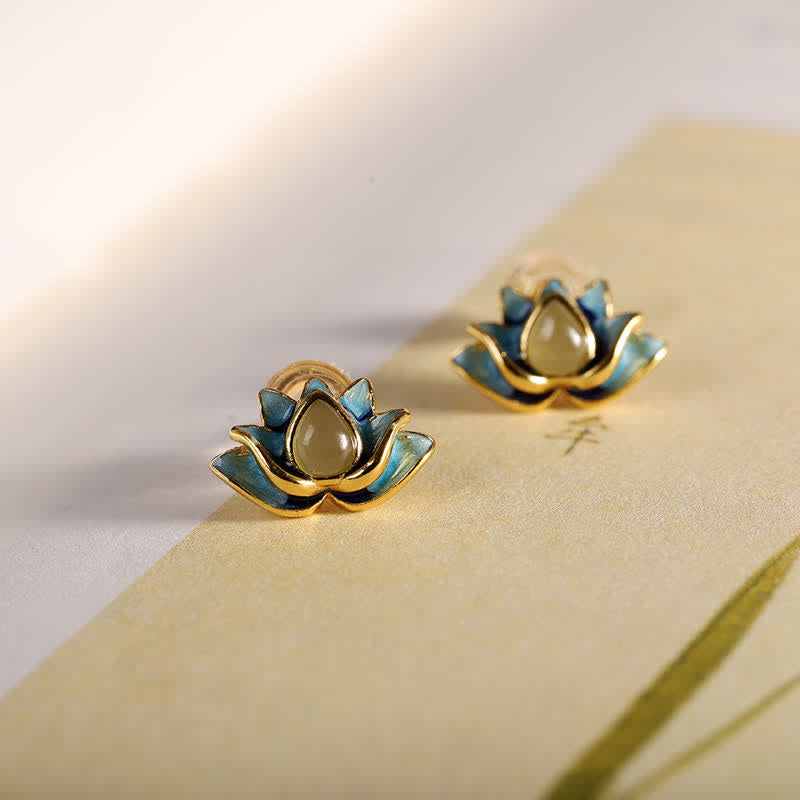 Orecchini di successo in argento sterling 925 con fiore di loto in giada ciano Hetian - Giada Ciano Hetian (Successo ♥ Guarigione) - image 0