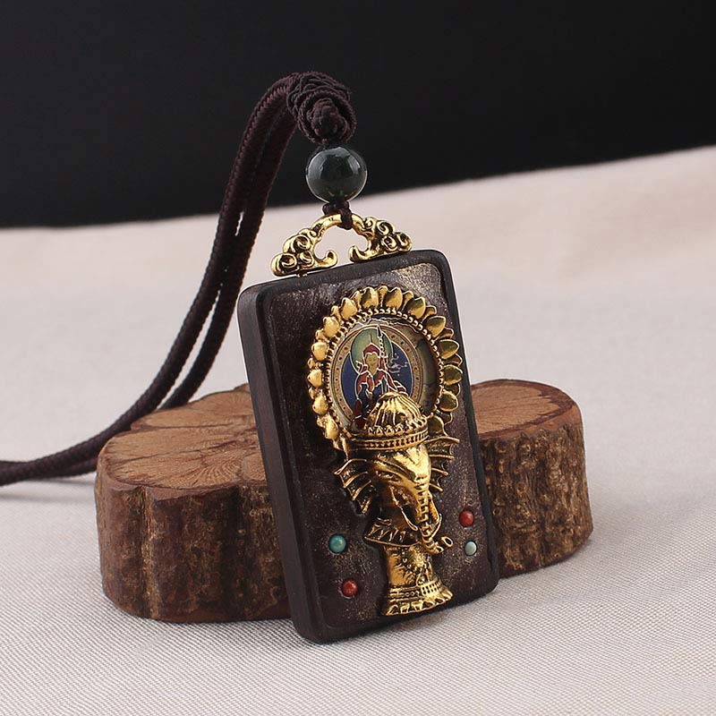 Collana con ciondolo a forma di corda con elefante in legno di ebano e dio della fortuna del Buddha - image 0