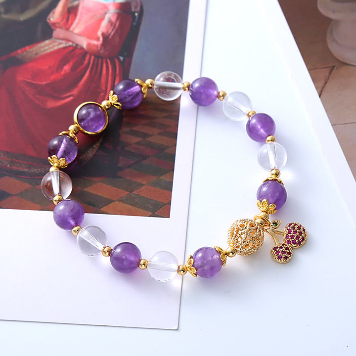 Braccialetto con ciondolo a forma di ciliegia positiva in cristallo bianco ametista naturale Buddha Stones