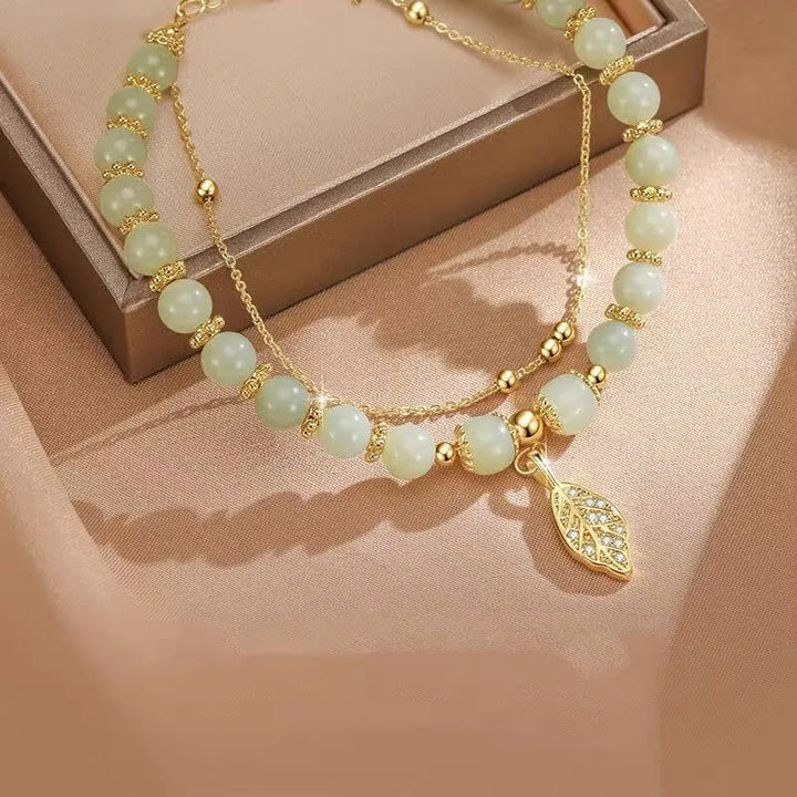 Braccialetto di perline con carattere Fu , Buddha Stones di giada, foglia di ginkgo, tulipano, arachidi e fortuna - image 3