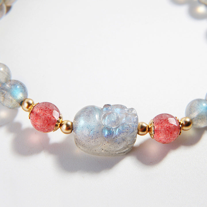 Braccialetto di guarigione PiXiu con pietre di luna, quarzo fragola e Buddha Stones
