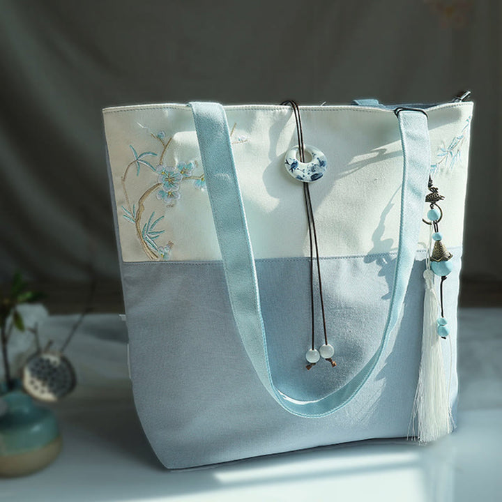 Borsa a tracolla grande capacità in tela con ricamo in bambù, prugna, fiore di pera, pesco - image 6