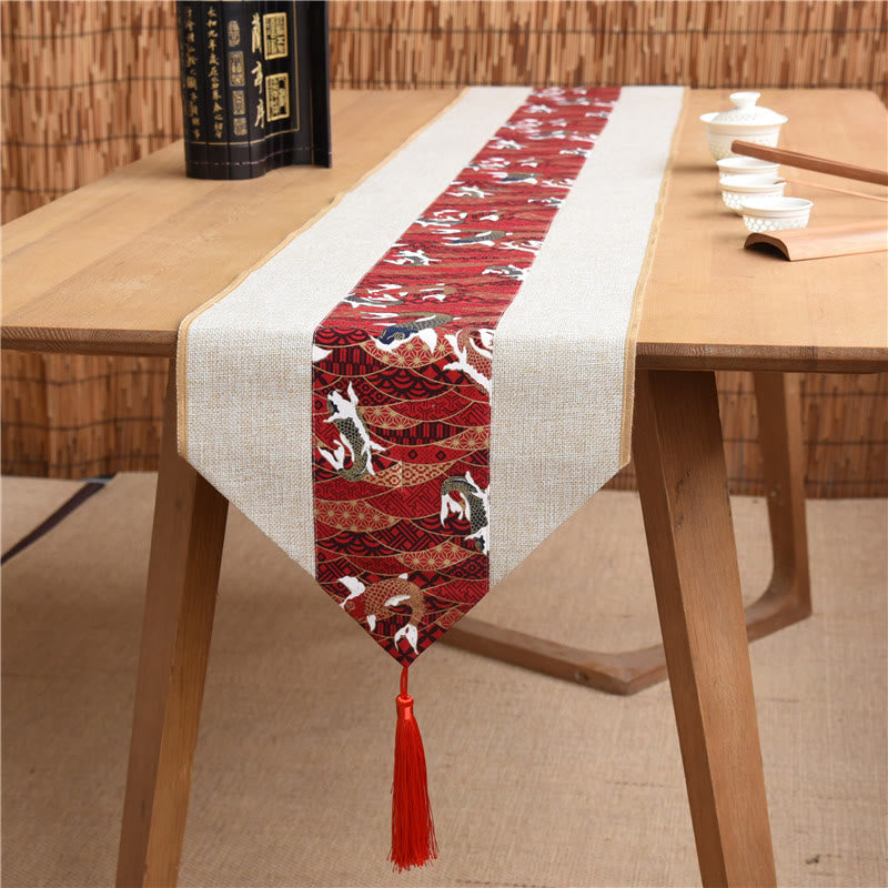 Buddha Stones Stile cinese classico Loto Koi Pesce Fiore Gru Calligrafia Illuminazione Cotone Lino Nappe Runner da tavolo