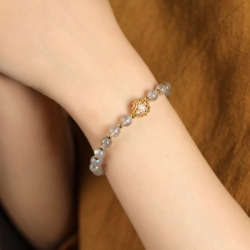 Bracciale con ciondolo positivo Fu Character Buddha Stones placcato oro 14K, quarzo fragola naturale Labradorite Sun Stone