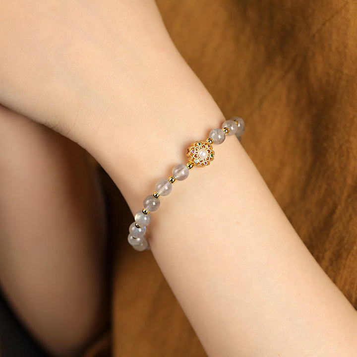 Bracciale con ciondolo positivo Fu Character Buddha Stones placcato oro 14K, quarzo fragola naturale Labradorite Sun Stone