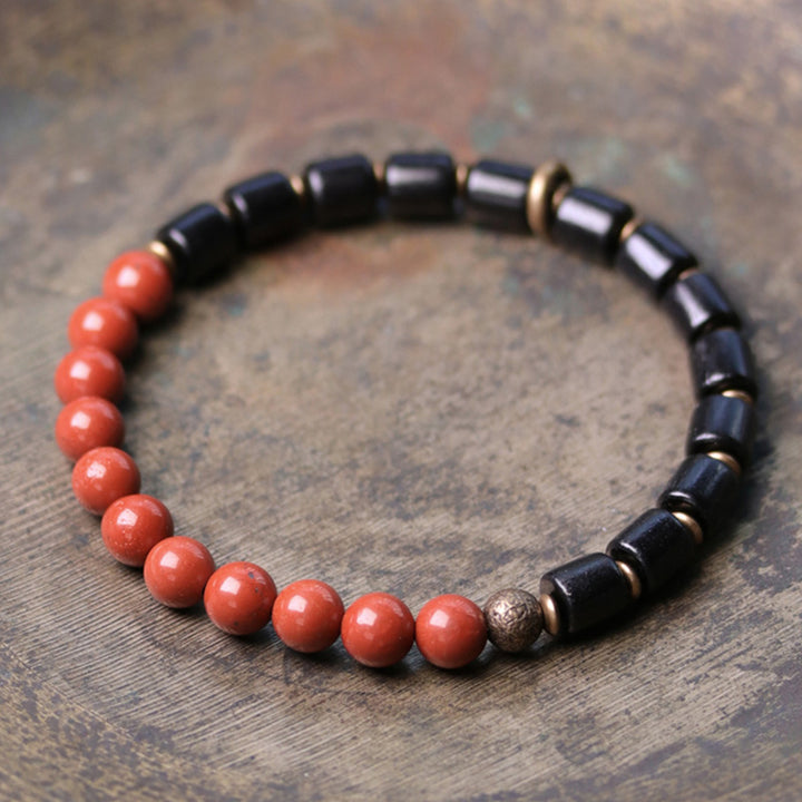 Braccialetto di coppia di pace in rame con Buddha Stones, legno di ebano, diaspro rosso, agata muschiata e cristallo