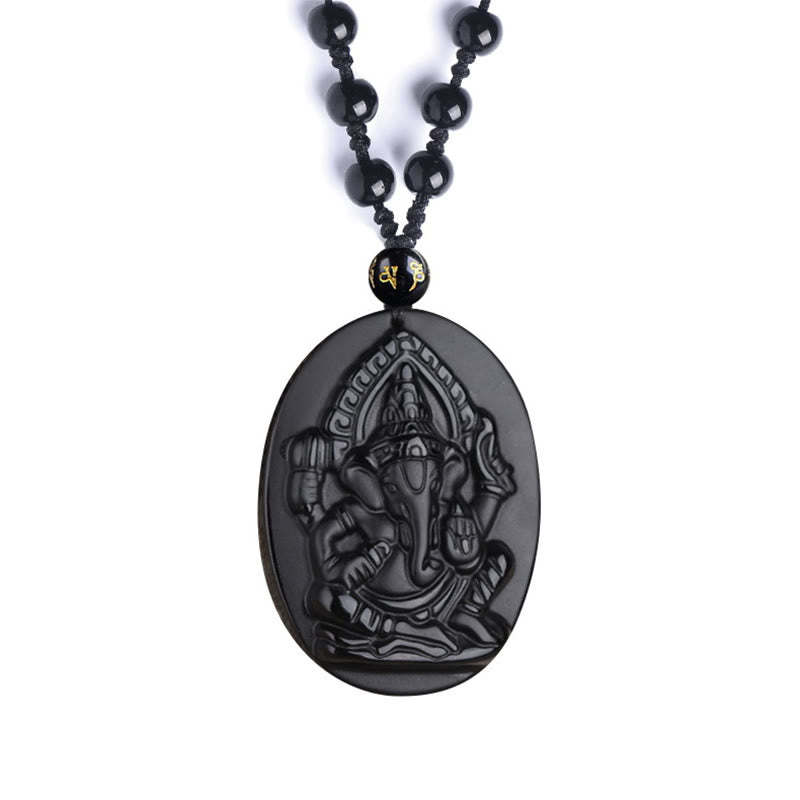 Buddha Stones Collana con amuleto della ricchezza dell'elefante Ganesh Ganpati in ossidiana tibetana - image 11