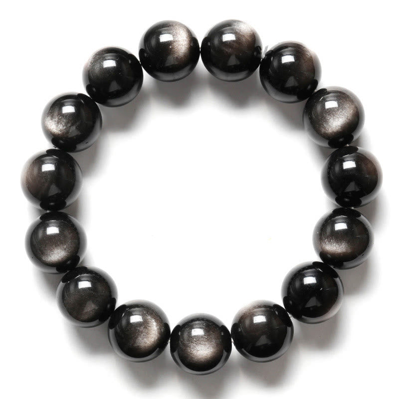 Braccialetto di protezione lenitiva in ossidiana lucida d'argento naturale Buddha Stones
