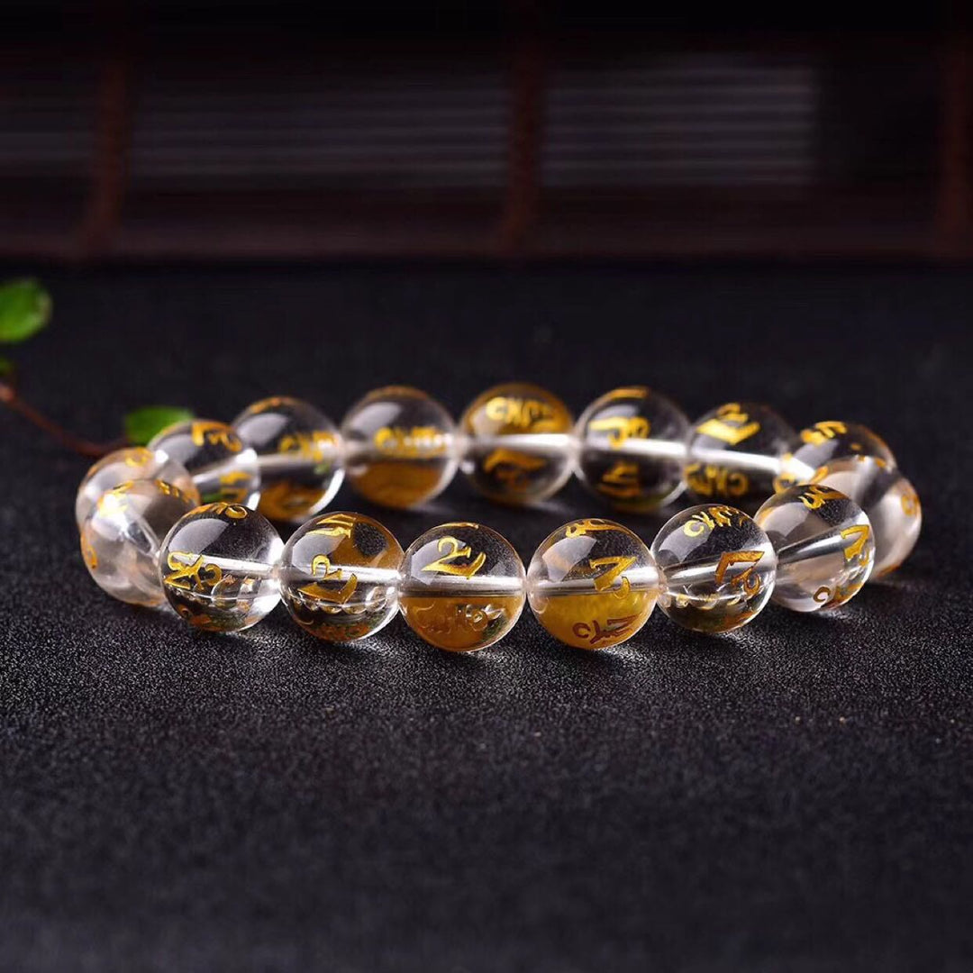 Braccialetto di meditazione Om Mani Padme Hum in onice nero e cristallo bianco del Tibet Buddha Stones