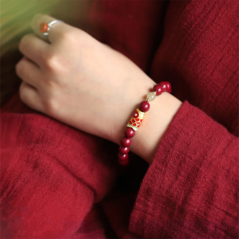Braccialetto di benedizione con perline di giada Hetian, cinabro naturale, pesce koi fortunato, Buddha Stones