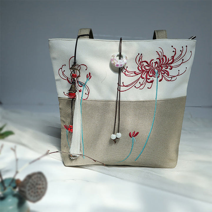 Borsa a tracolla grande capacità in tela con ricamo in bambù, prugna, fiore di pera, pesco - image 42