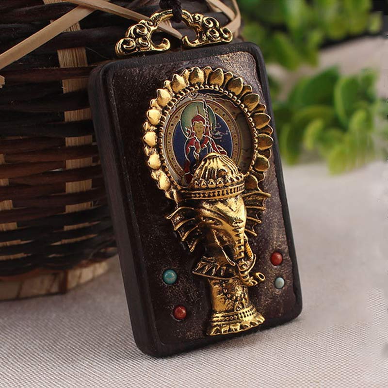Collana con ciondolo a forma di corda con elefante in legno di ebano e dio della fortuna del Buddha - image 5