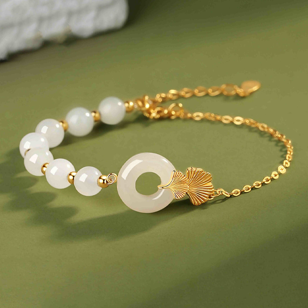 Braccialetto della fortuna con foglia di ginkgo e fibbia della pace in argento sterling 925 con Buddha Stones e giada bianca Hetian - Giada bianca di Hetian (Protezione♥Benedizione) - image 0