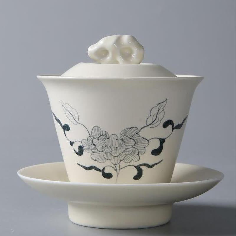 Buddha Stones dipinto a mano melograno ibisco pino loto ceramica gaiwan sancai tazza da tè kung fu tazza da tè e piattino con coperchio