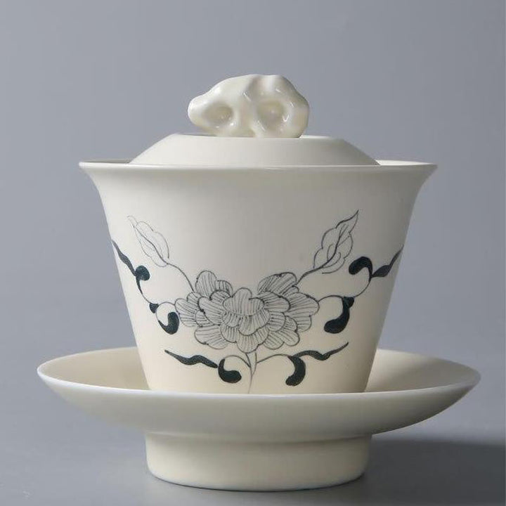 Buddha Stones dipinto a mano melograno ibisco pino loto ceramica gaiwan sancai tazza da tè kung fu tazza da tè e piattino con coperchio