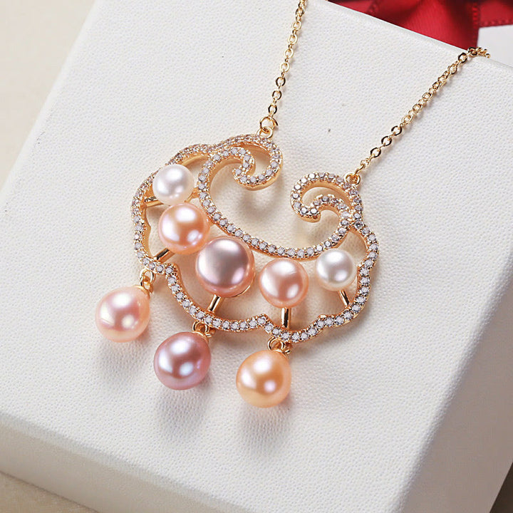 Collana con ciondolo con lucchetto cinese in perle naturali placcate in oro 18 carati, motivo : Buddha Stones