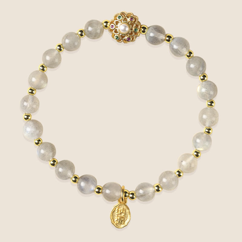 Bracciale con ciondolo positivo Fu Character Buddha Stones placcato oro 14K, quarzo fragola naturale Labradorite Sun Stone