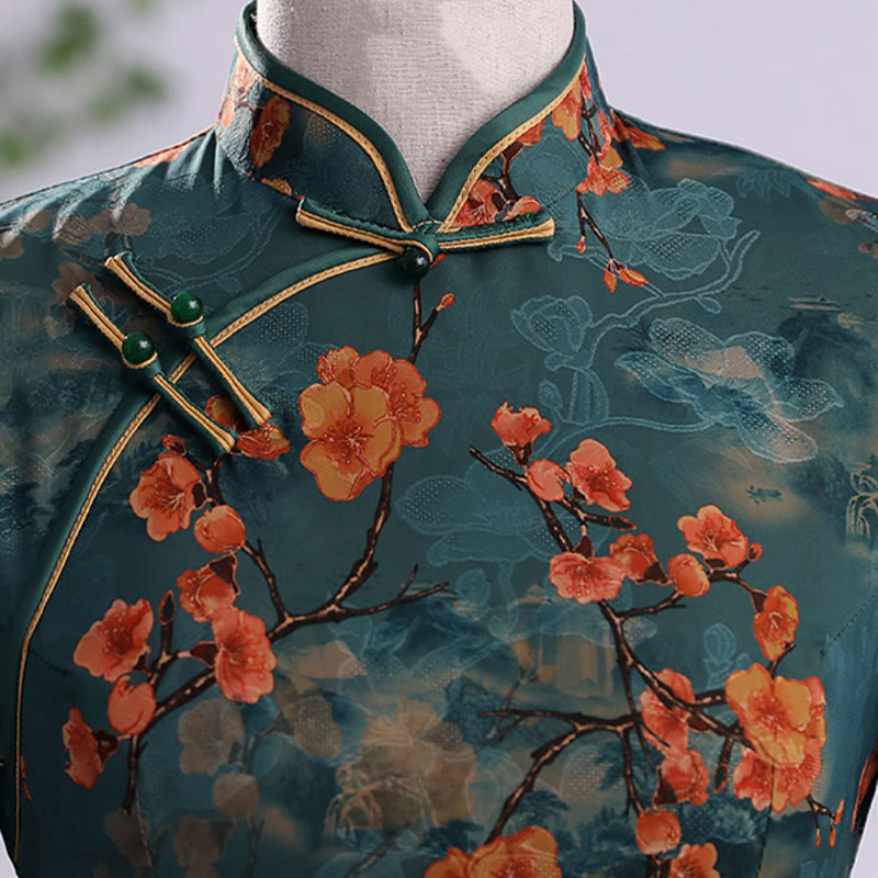Abito da donna in cheongsam con stampa di piume di peonia e fiori di loto retrò Buddha Stones - image 7