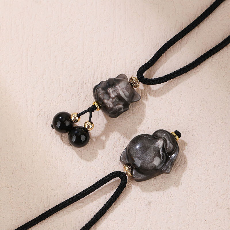 Collana con ciondolo di protezione a forma di volpe a nove code in ossidiana lucida d'argento naturale Buddha Stones