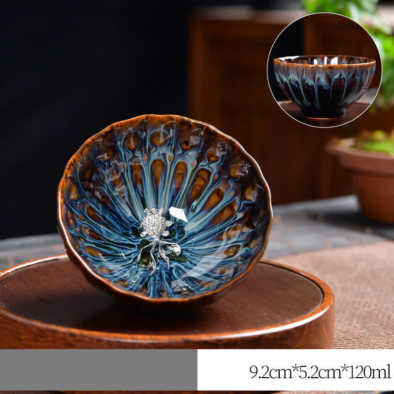 Buddha Stones Lotus Pavone Drago Fenice Koi Pesce Tazza da tè in ceramica Tazze da tè intarsiate 120ml - Argento - Pesce Koi - image 22