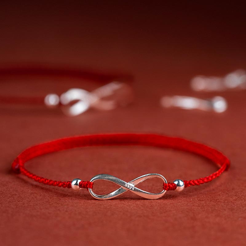 Buddha Stones 925 Sterling Silver Endless Knot Protezione Fortuna Braccialetto Cavigliera Corda Rossa - Rosso - Braccialetto (circonferenza polso 15-20 cm) - image 0