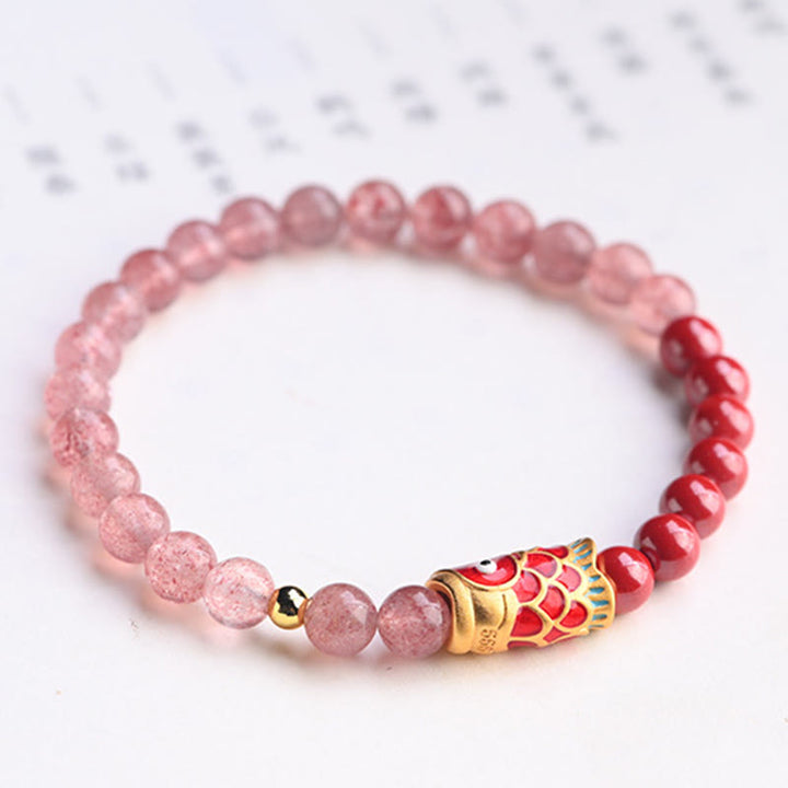 Braccialetto curativo con pesce koi portafortuna in quarzo fragola naturale cinabro Buddha Stones