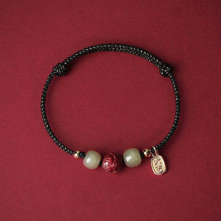 Braccialetto di corda artigianale Buddha Stones in giada Hetian placcato oro 14K, cinabro e loto portafortuna - Corda nera (circonferenza polso 13-18 cm) - image 6