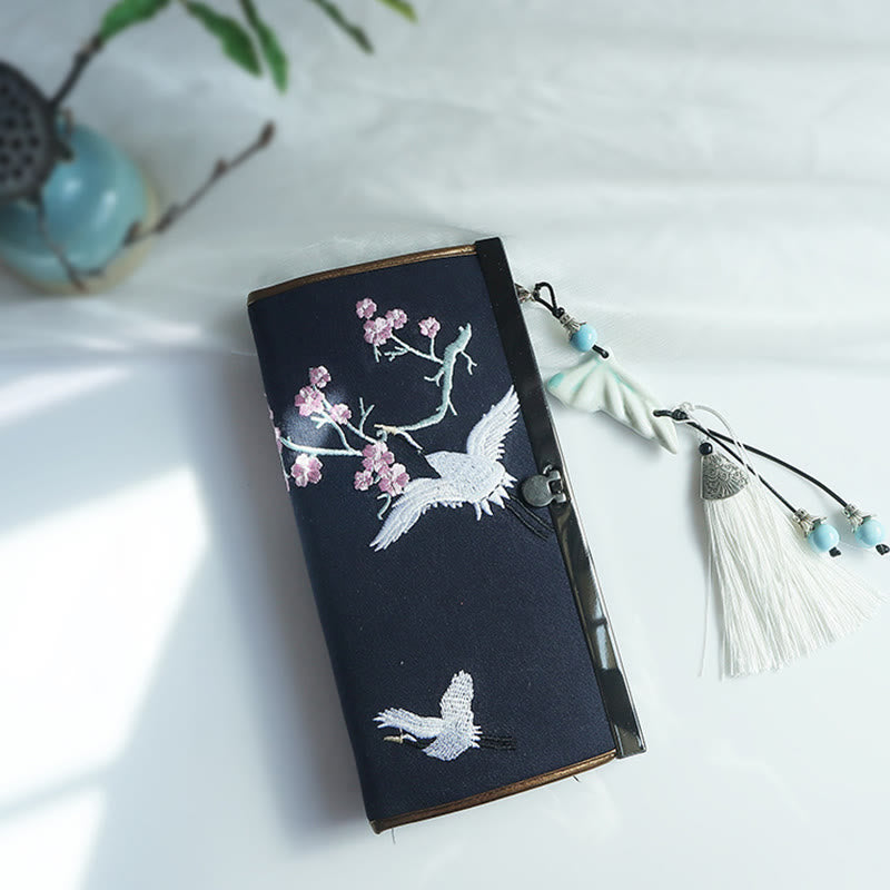 Portafoglio portasoldi grande capacità con ricamo a doppia faccia, Buddha Stones, fiori di prugna, fiori di pesco, bambù, borsa per la spesa - Blue Cherry Crane della Marina Militare - image 25