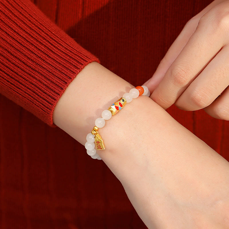 Bracciale Buddha Stones 925 Sterling Silver Hetian Giada Bianca Agata Rossa Koi Pesce Fortuna Felicità - image 5