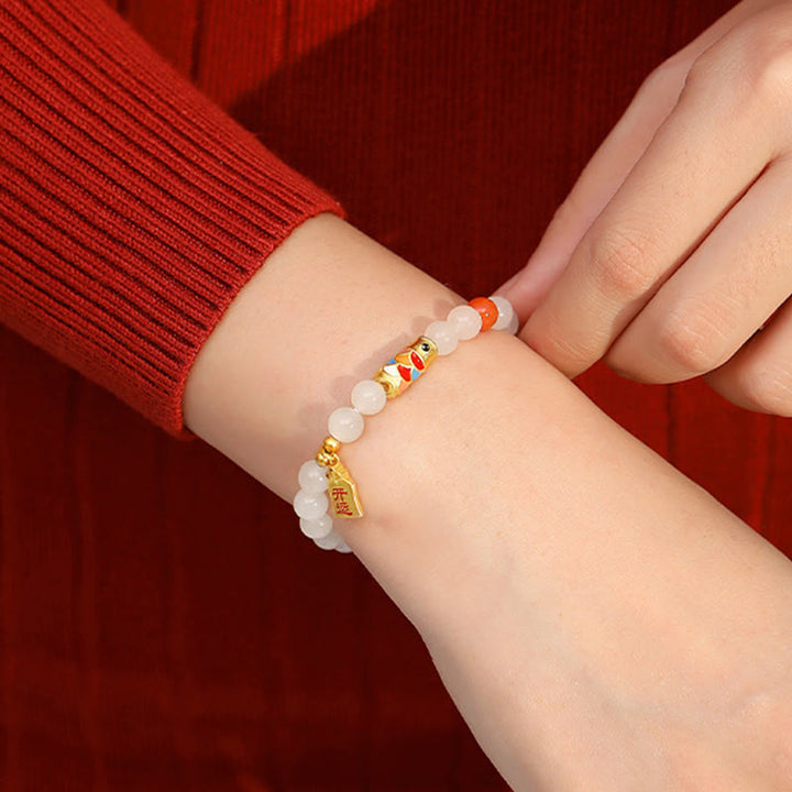 Bracciale Buddha Stones 925 Sterling Silver Hetian Giada Bianca Agata Rossa Koi Pesce Fortuna Felicità - image 5