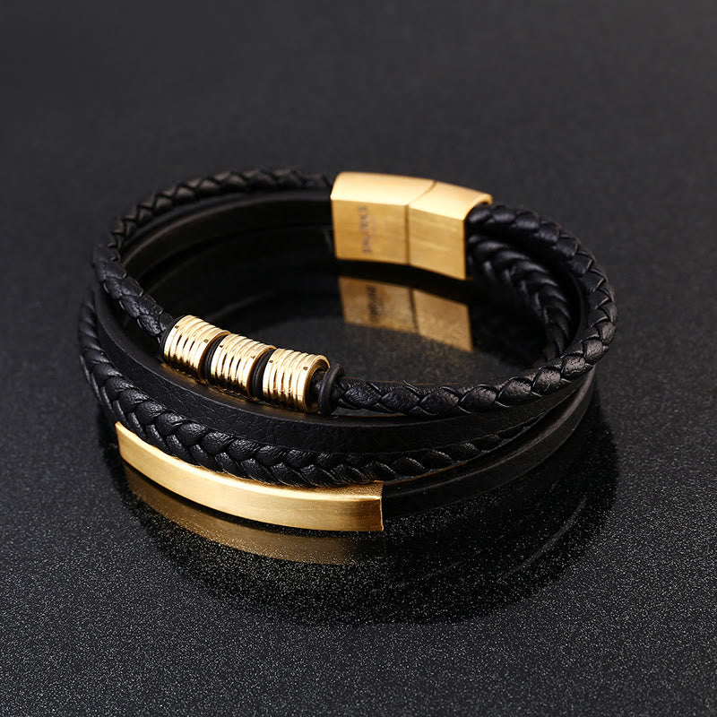 Bracciale con fibbia magnetica intrecciata in acciaio al titanio multistrato in pelle Buddha Stones