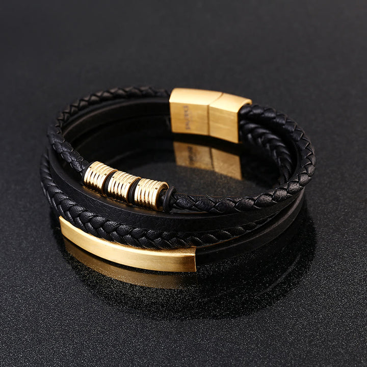 Bracciale con fibbia magnetica intrecciata in acciaio al titanio multistrato in pelle Buddha Stones