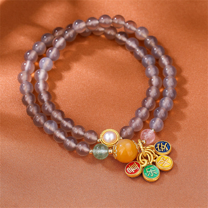 Braccialetto doppio giro Buddha Stones Natural Grey Agate Peace And Joy Charm Balance
