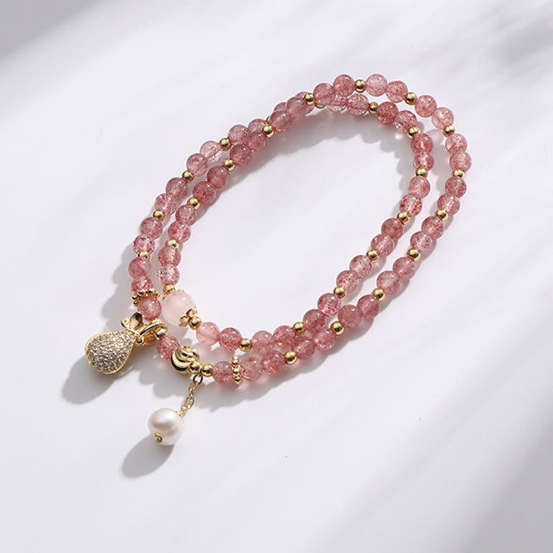 Braccialetto a doppio giro con ciondolo positivo Buddha Stones Strawberry Quartz Money Bag