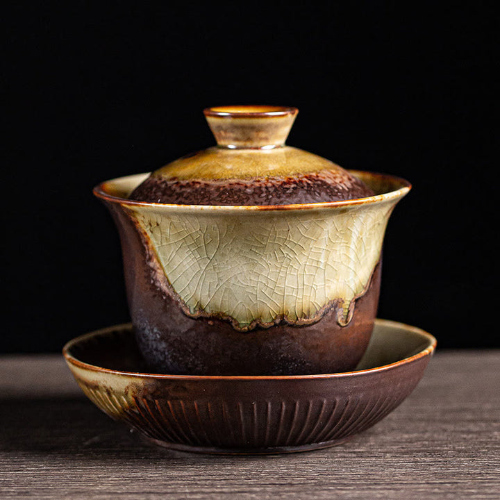 Buddha Stones Vintage Brown Kiln Change Design Porcellana Ceramica Gaiwan Sancai Tazza da tè Kung Fu Tazza da tè e piattino con coperchio
