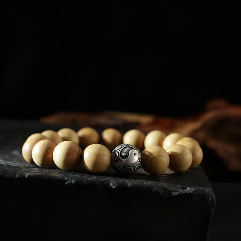 Bracciale di ricchezza e fortuna di legno di pesca del Tibet, loto, cinabro, Bagua Yin Yang