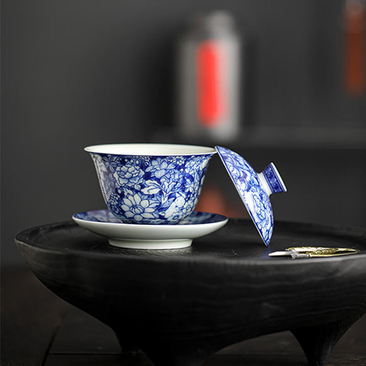 Buddha Stones Vintage Blu e Bianco Porcellana Ceramica Gaiwan Sancai Tazza da Tè Kung Fu Tazza da Tè e Piattino con Coperchio