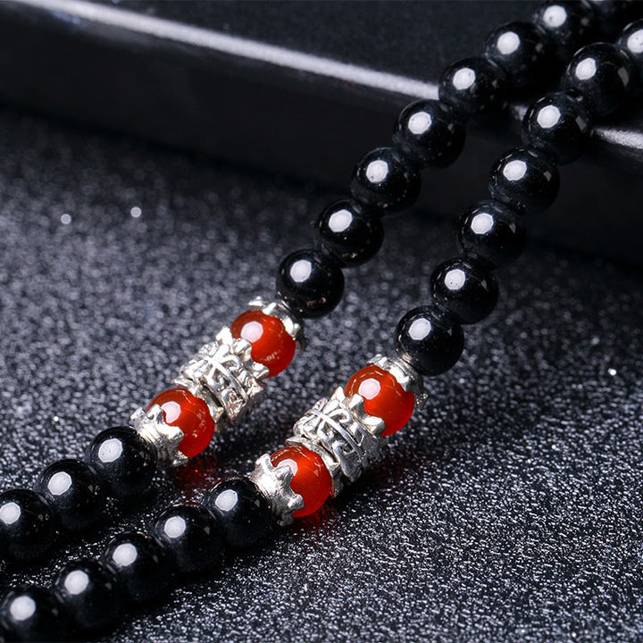 Buddha Stones Bracciale Mala con 108 perle in ossidiana nera naturale e occhio di tigre - image 17