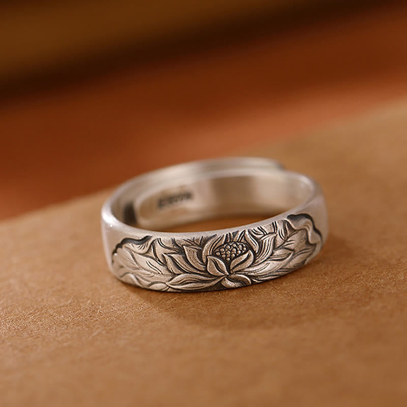 Anello di illuminazione inciso con Buddha Stones in argento sterling 999, fiore di loto, fiore di prugna, nuvole di buon auspicio - image 2
