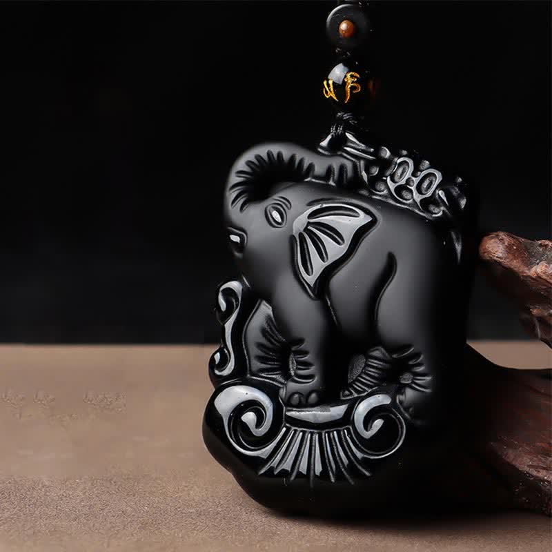 Collana con ciondolo portachiavi in corda di protezione per elefante in ossidiana nera