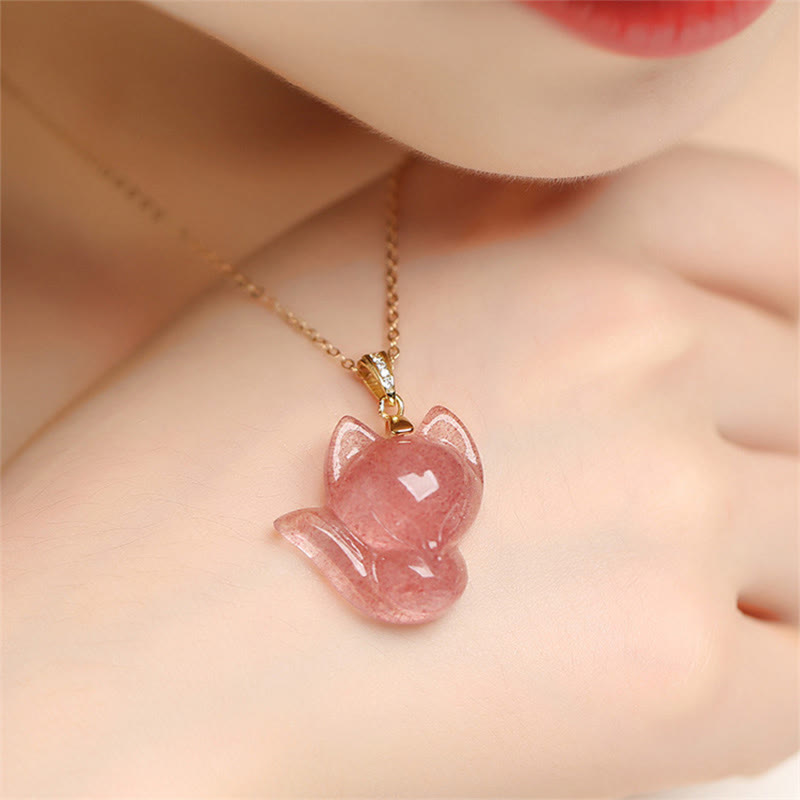 Collana con ciondolo curativo a forma di volpe in quarzo fragola placcato oro 14k, in argento sterling 925 Buddha Stones - image 3