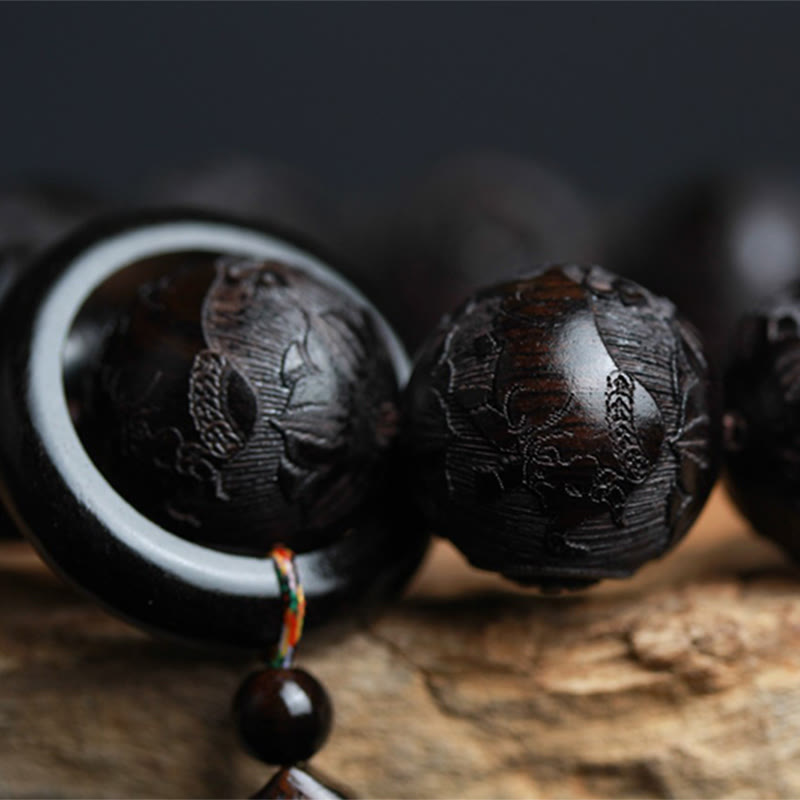 Braccialetto di equilibrio con zucca inciso con carattere cinese Yin Yang in legno di ebano Buddha Stones